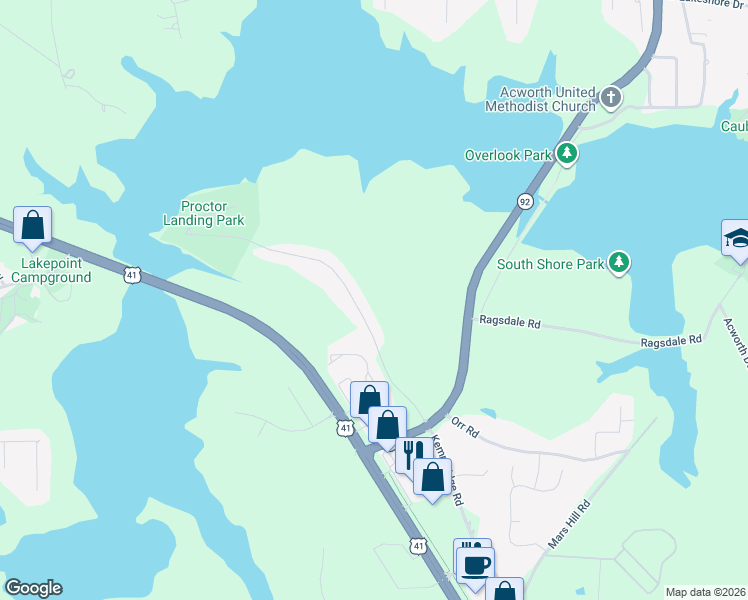 map of restaurants, bars, coffee shops, grocery stores, and more near 5172 Proctor Landing Road in Acworth