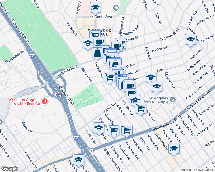 map of restaurants, bars, coffee shops, grocery stores, and more near 1409 Midvale Avenue in Los Angeles