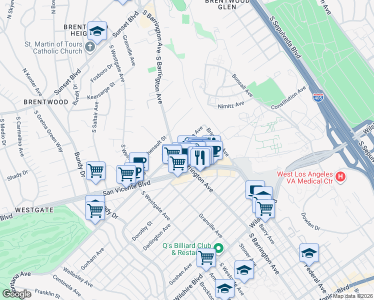 map of restaurants, bars, coffee shops, grocery stores, and more near 11680 Montana Avenue in Los Angeles
