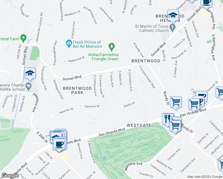map of restaurants, bars, coffee shops, grocery stores, and more near 165 South Anita Avenue in Los Angeles