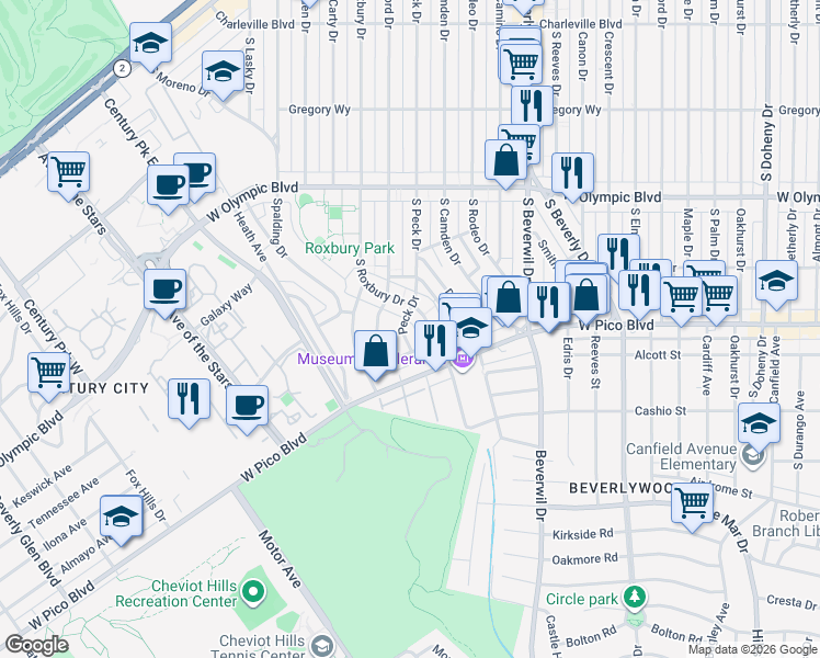 map of restaurants, bars, coffee shops, grocery stores, and more near 1228 Peck Drive in Los Angeles