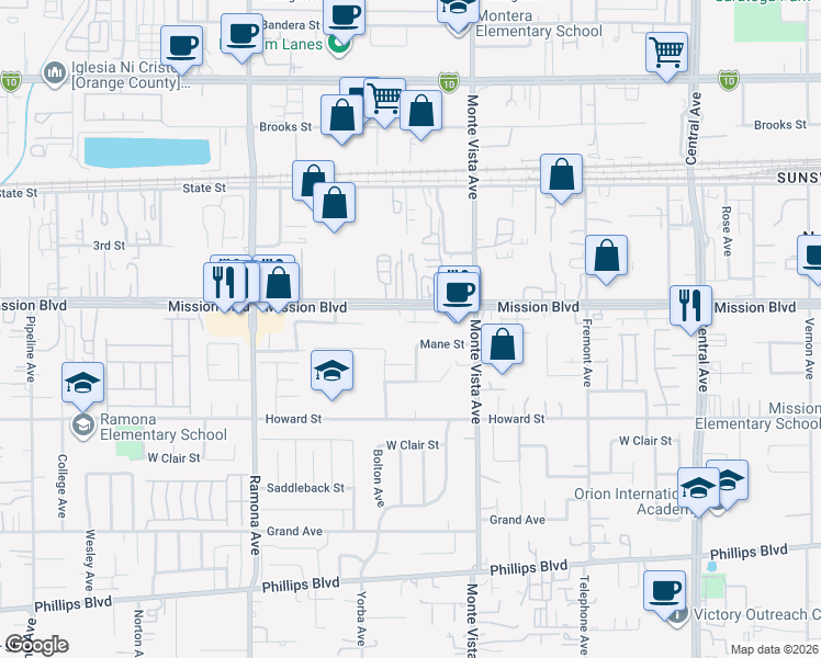 map of restaurants, bars, coffee shops, grocery stores, and more near 4791 Rawhide Street in Montclair