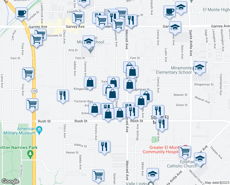 map of restaurants, bars, coffee shops, grocery stores, and more near 2317 Seaman Avenue in South El Monte