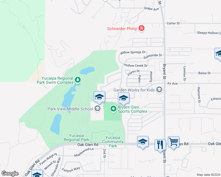 map of restaurants, bars, coffee shops, grocery stores, and more near 34944 Hollyoak Way in Yucaipa