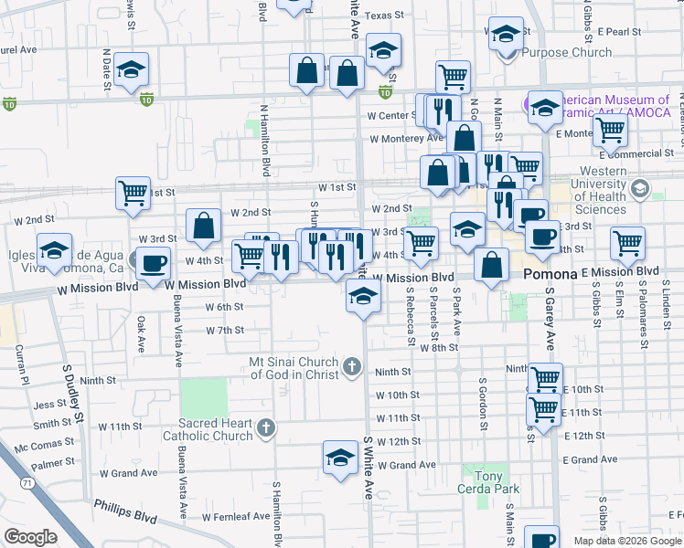 map of restaurants, bars, coffee shops, grocery stores, and more near 937 West Mission Boulevard in Pomona