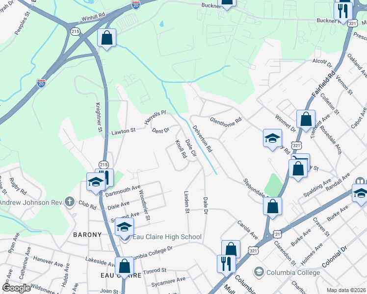 map of restaurants, bars, coffee shops, grocery stores, and more near 5415 Knoll Road in Columbia