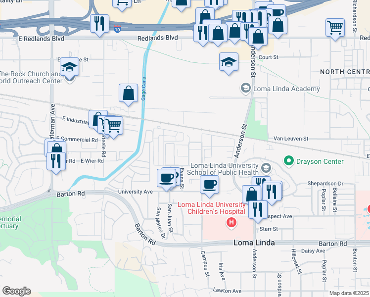 map of restaurants, bars, coffee shops, grocery stores, and more near 10928 Evans Street in Loma Linda