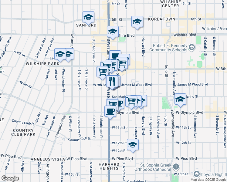 map of restaurants, bars, coffee shops, grocery stores, and more near 3464 San Marino Street in Los Angeles