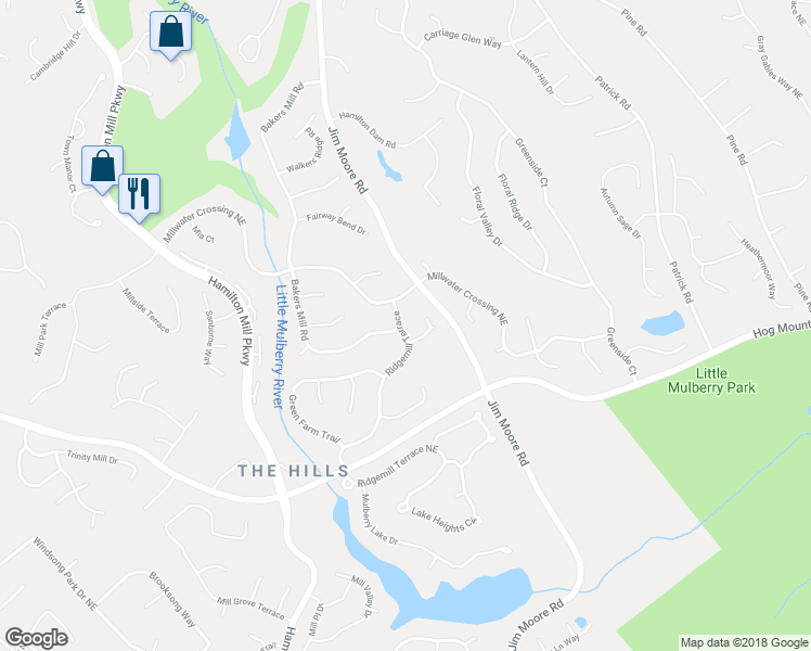 map of restaurants, bars, coffee shops, grocery stores, and more near 1855 Ridgemill Terrace in Dacula