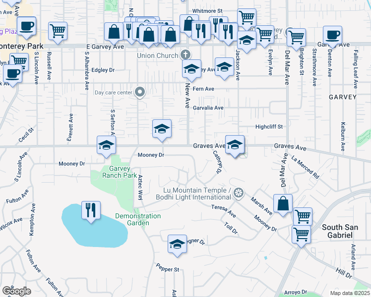 map of restaurants, bars, coffee shops, grocery stores, and more near 1018 East Graves Avenue in Monterey Park
