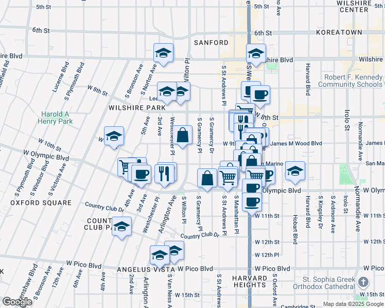 map of restaurants, bars, coffee shops, grocery stores, and more near 914 South Wilton Place in Los Angeles