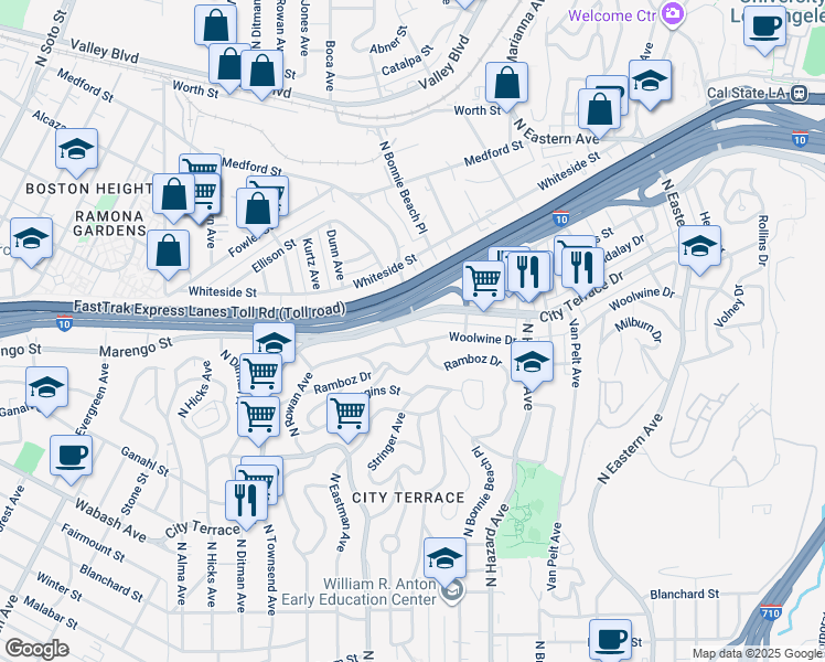 map of restaurants, bars, coffee shops, grocery stores, and more near 3820 City Terrace Drive in Los Angeles