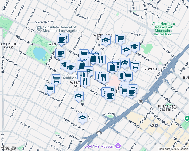 map of restaurants, bars, coffee shops, grocery stores, and more near 1515 Wilshire Boulevard in Los Angeles