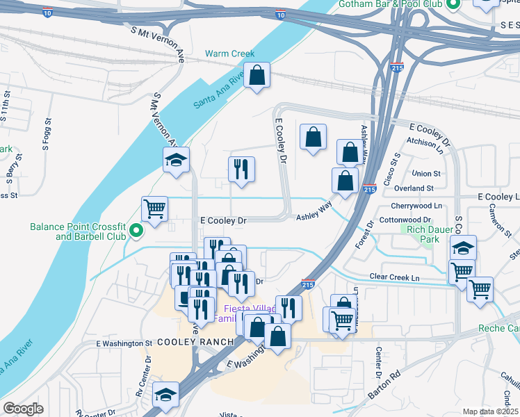 map of restaurants, bars, coffee shops, grocery stores, and more near 1421 East Cooley Drive in Colton