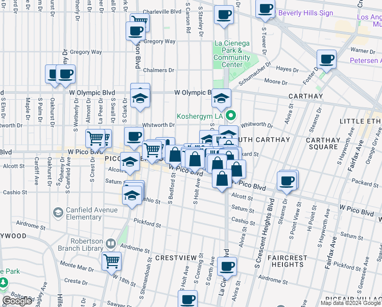 map of restaurants, bars, coffee shops, grocery stores, and more near 1251 South Holt Avenue in Los Angeles