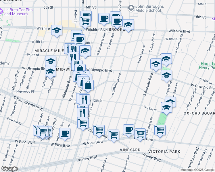 map of restaurants, bars, coffee shops, grocery stores, and more near 1116 South Highland Avenue in Los Angeles