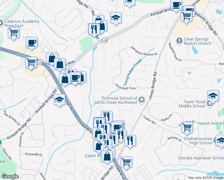 map of restaurants, bars, coffee shops, grocery stores, and more near 11240 Bramshill Drive in Johns Creek