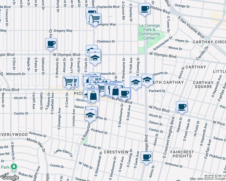 map of restaurants, bars, coffee shops, grocery stores, and more near 8687 West Pico Boulevard in Los Angeles