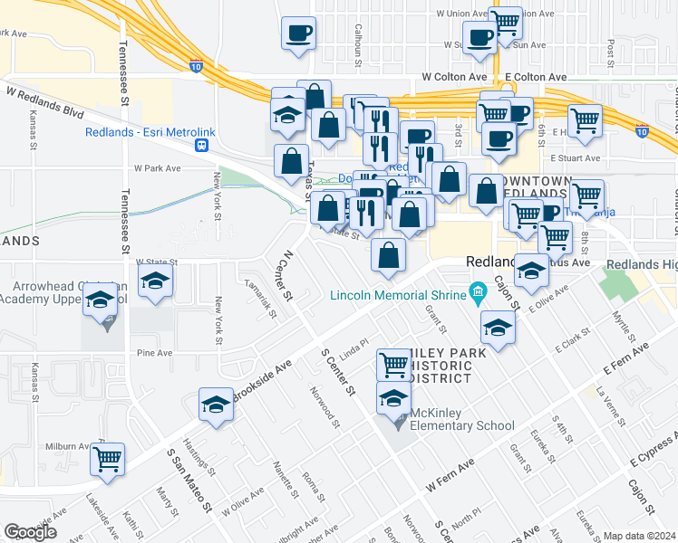 map of restaurants, bars, coffee shops, grocery stores, and more near 42 North Buena Vista Street in Redlands