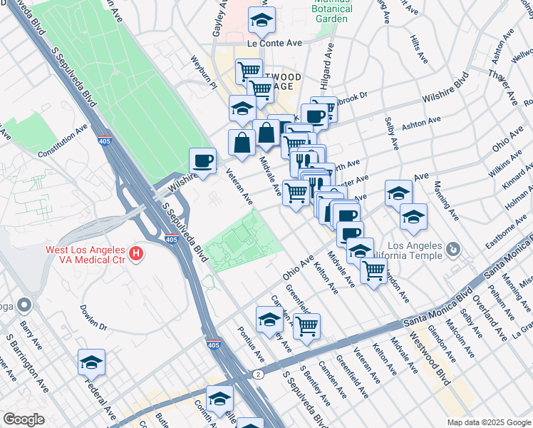 map of restaurants, bars, coffee shops, grocery stores, and more near 10990 Rochester Avenue in Los Angeles