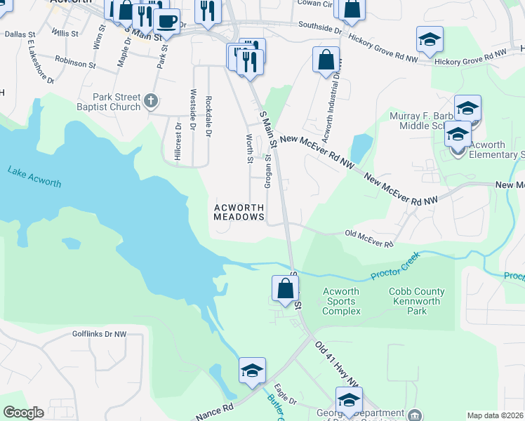 map of restaurants, bars, coffee shops, grocery stores, and more near 4045 Worth Street in Acworth