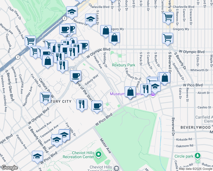 map of restaurants, bars, coffee shops, grocery stores, and more near 2316 Empyrean Way in Los Angeles