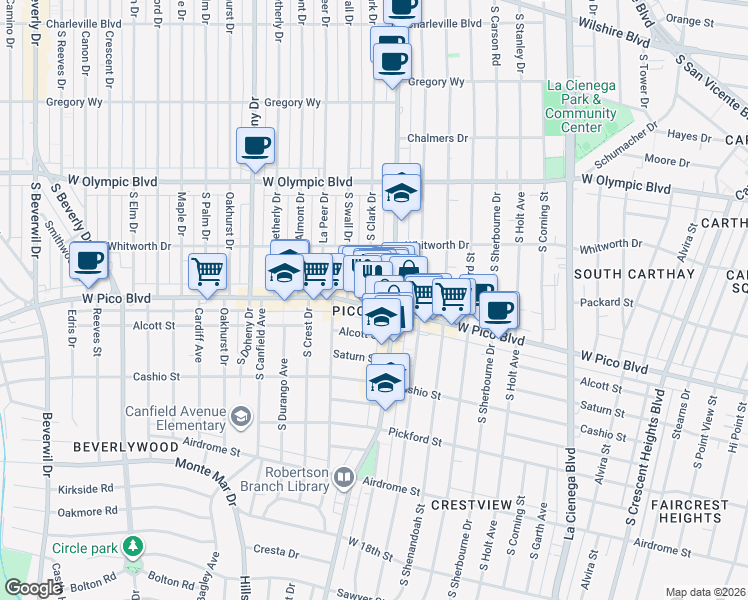 map of restaurants, bars, coffee shops, grocery stores, and more near 8837 West Pico Boulevard in Los Angeles