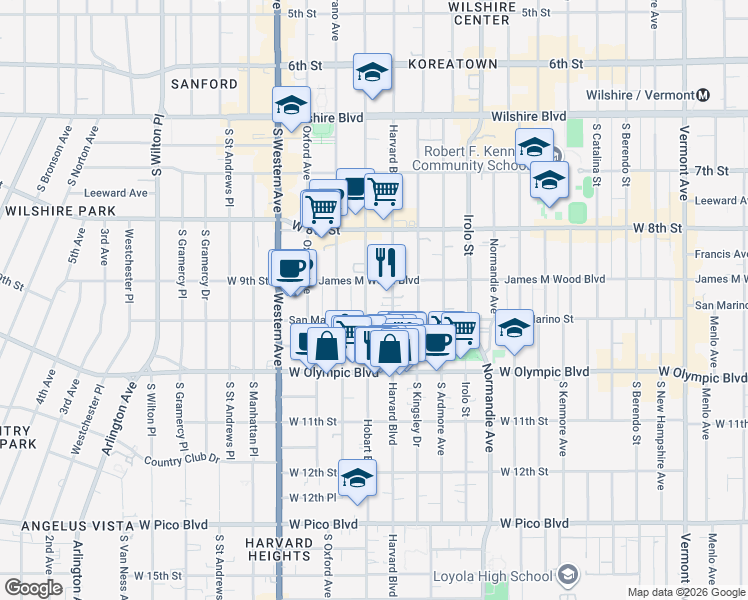 map of restaurants, bars, coffee shops, grocery stores, and more near 920 South Hobart Boulevard in Los Angeles