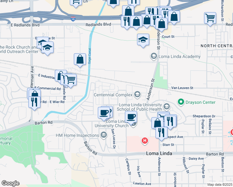 map of restaurants, bars, coffee shops, grocery stores, and more near 10928 Evans Street in Loma Linda