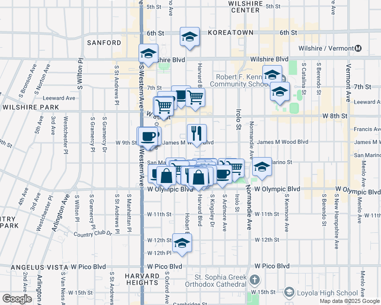 map of restaurants, bars, coffee shops, grocery stores, and more near 920 South Hobart Boulevard in Los Angeles