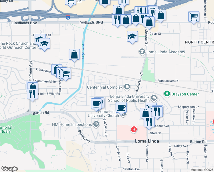 map of restaurants, bars, coffee shops, grocery stores, and more near 10914 Evans Street in Loma Linda