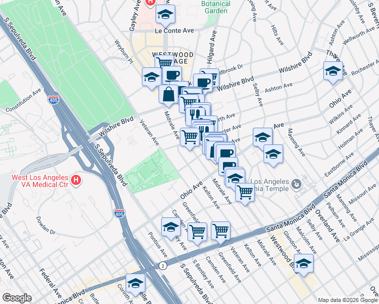 map of restaurants, bars, coffee shops, grocery stores, and more near 1379 Midvale Avenue in Los Angeles