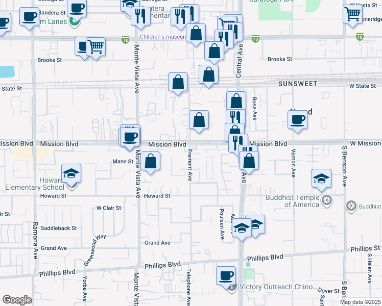 map of restaurants, bars, coffee shops, grocery stores, and more near 10935 Fremont Avenue in Montclair