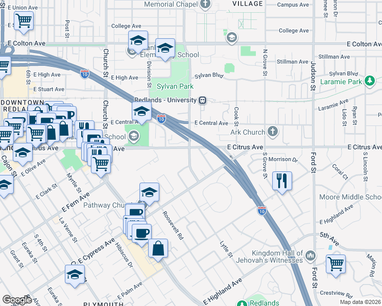 map of restaurants, bars, coffee shops, grocery stores, and more near 503 North University Street in Redlands