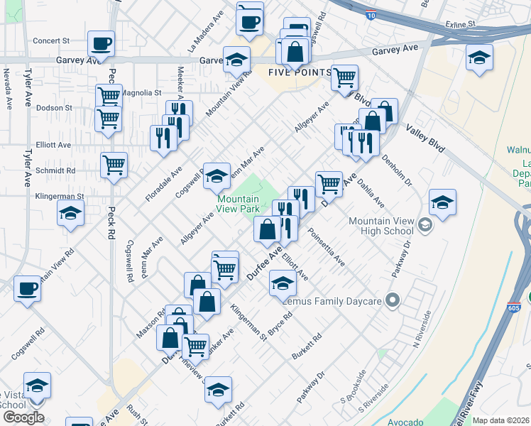 map of restaurants, bars, coffee shops, grocery stores, and more near 12213 Elliott Avenue in El Monte