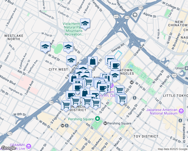 map of restaurants, bars, coffee shops, grocery stores, and more near 844 West 3rd Street in Los Angeles