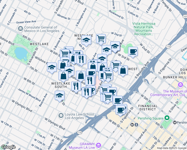 map of restaurants, bars, coffee shops, grocery stores, and more near 636654 Witmer Street in Los Angeles