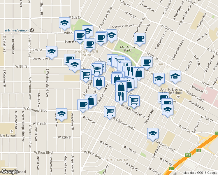 map of restaurants, bars, coffee shops, grocery stores, and more near 830 South Lake Street in Los Angeles
