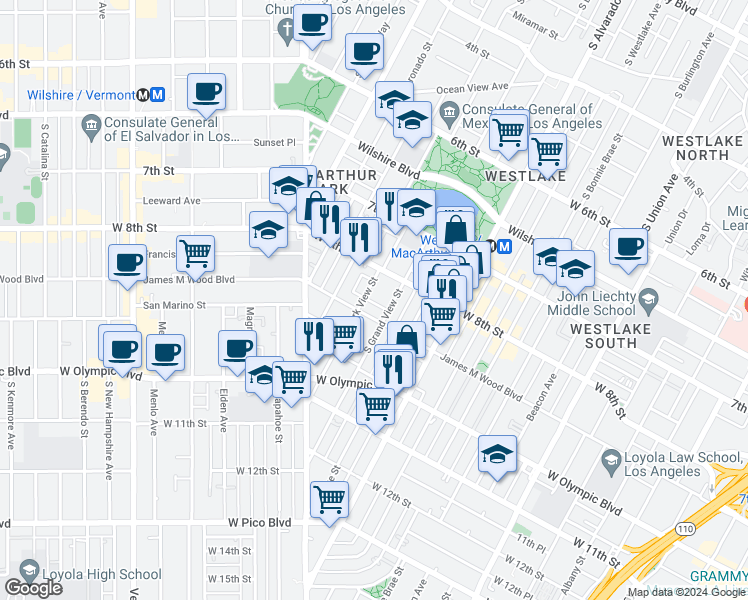 map of restaurants, bars, coffee shops, grocery stores, and more near 2301 James M Wood Boulevard in Los Angeles