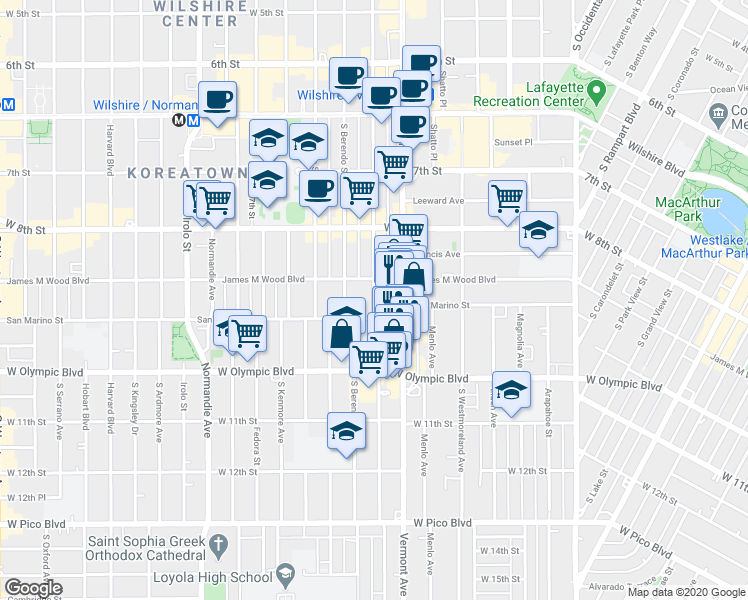 map of restaurants, bars, coffee shops, grocery stores, and more near 2946 San Marino Street in Los Angeles
