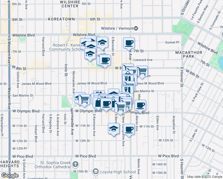 map of restaurants, bars, coffee shops, grocery stores, and more near 2992 San Marino Street in Los Angeles