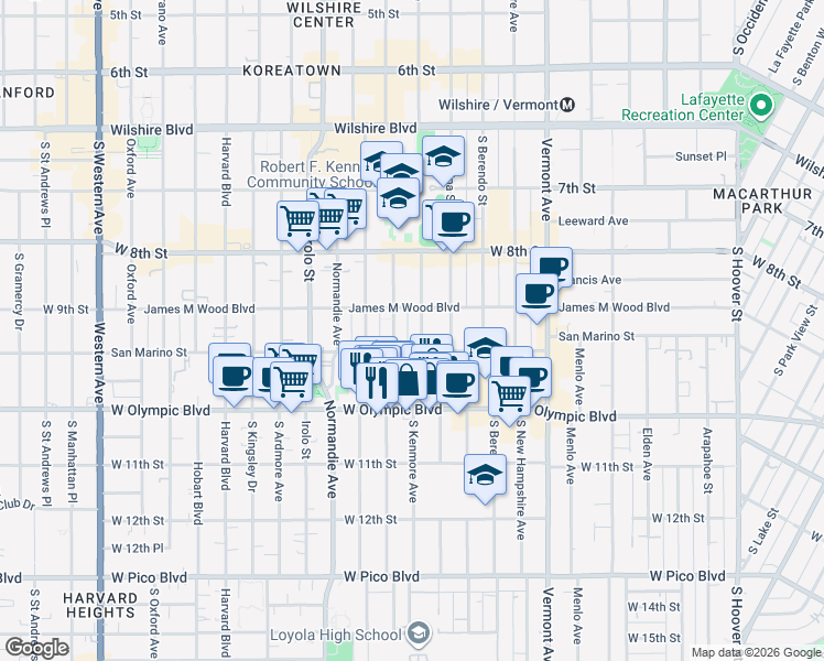 map of restaurants, bars, coffee shops, grocery stores, and more near 3096 San Marino Street in Los Angeles