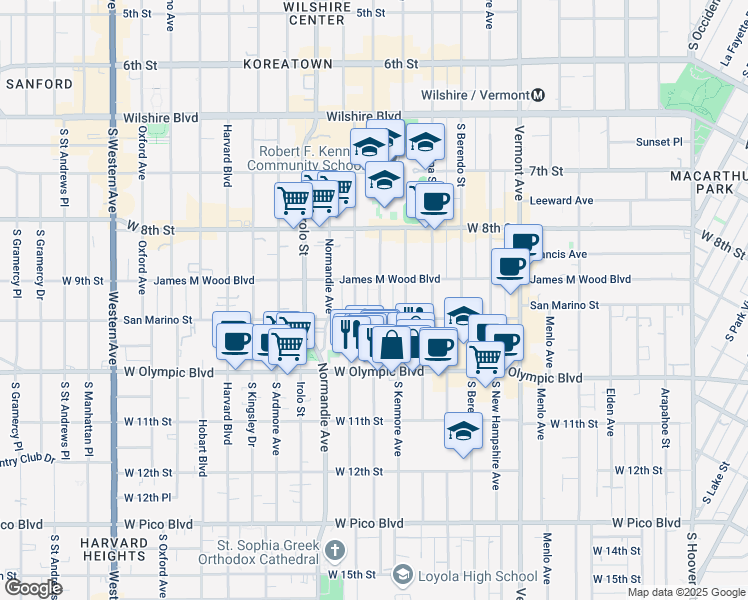 map of restaurants, bars, coffee shops, grocery stores, and more near 3096 San Marino Street in Los Angeles