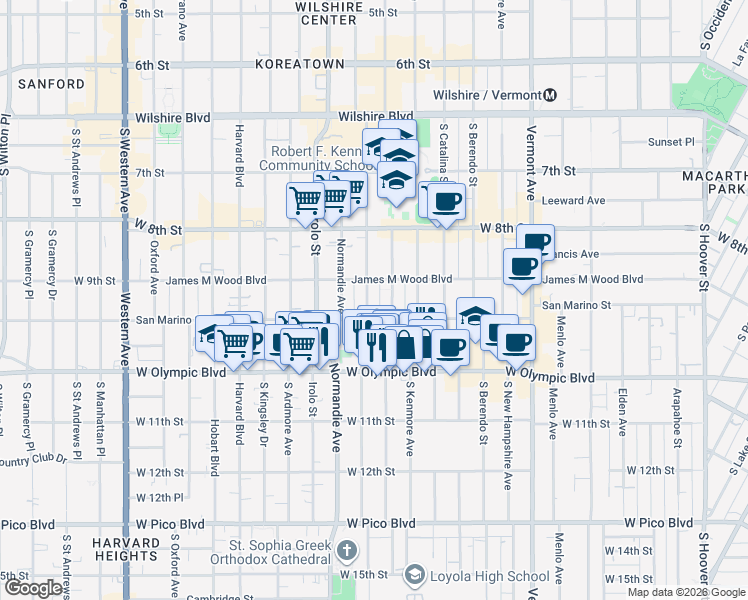 map of restaurants, bars, coffee shops, grocery stores, and more near 3152 San Marino Street in Los Angeles