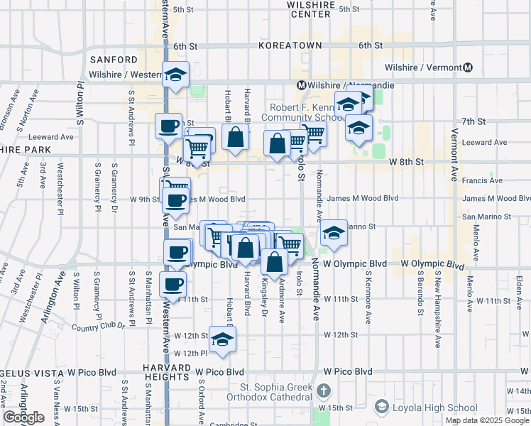 map of restaurants, bars, coffee shops, grocery stores, and more near 939 South Kingsley Drive in Los Angeles