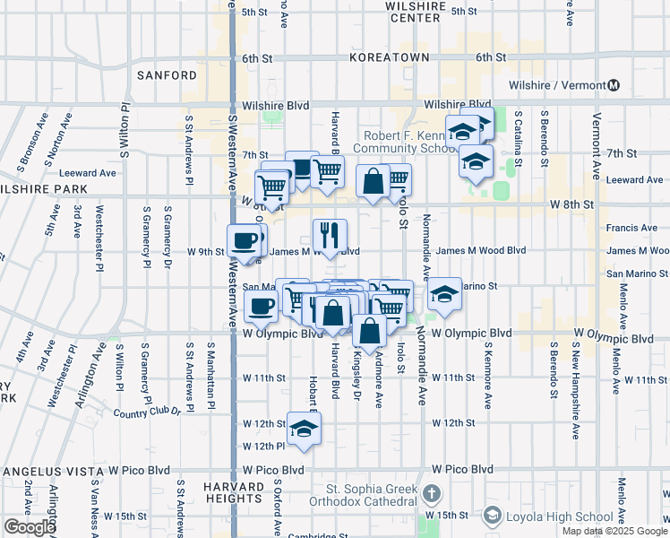 map of restaurants, bars, coffee shops, grocery stores, and more near 939 South Kingsley Drive in Los Angeles