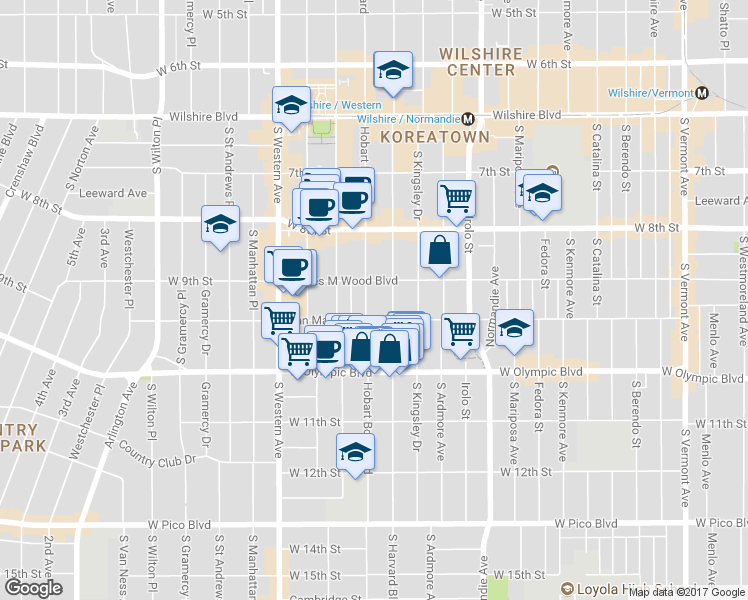 map of restaurants, bars, coffee shops, grocery stores, and more near 938 South Hobart Boulevard in Los Angeles