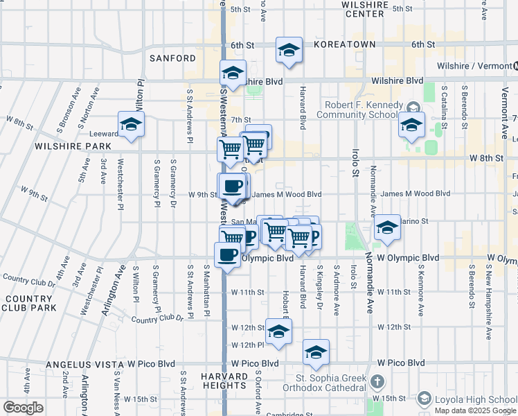 map of restaurants, bars, coffee shops, grocery stores, and more near 940 South Serrano Avenue in Los Angeles