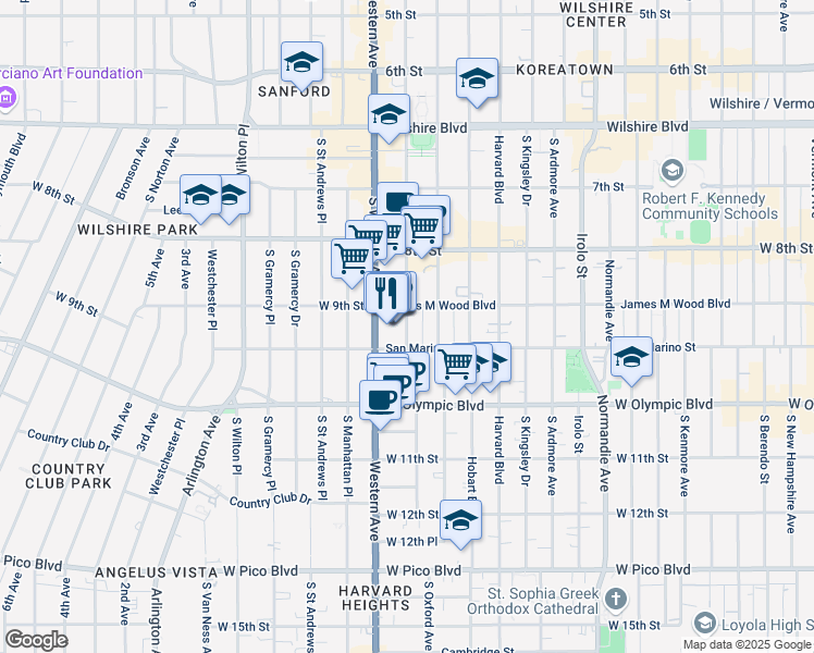 map of restaurants, bars, coffee shops, grocery stores, and more near 3464 San Marino Street in Los Angeles