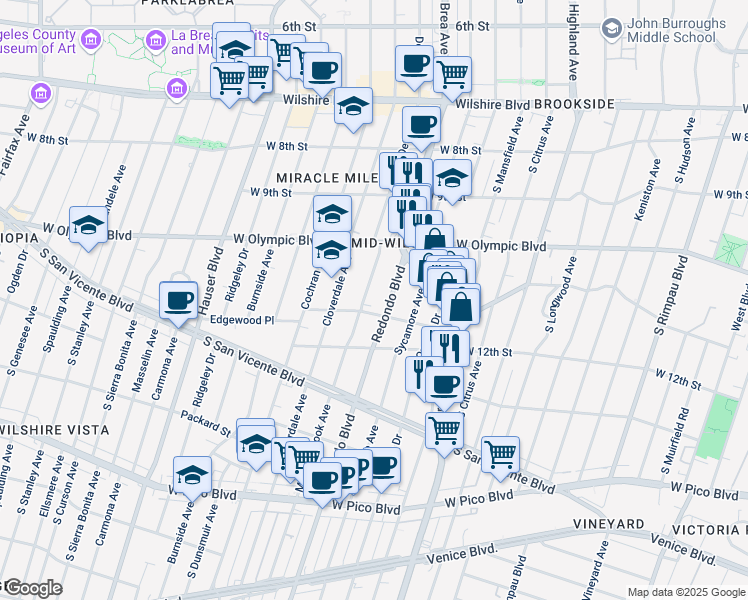 map of restaurants, bars, coffee shops, grocery stores, and more near 1101 South Redondo Boulevard in Los Angeles